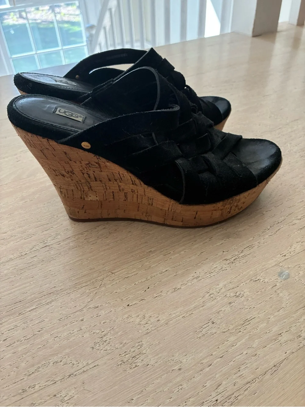 UGG Black Suede Cork Wedge Sandals